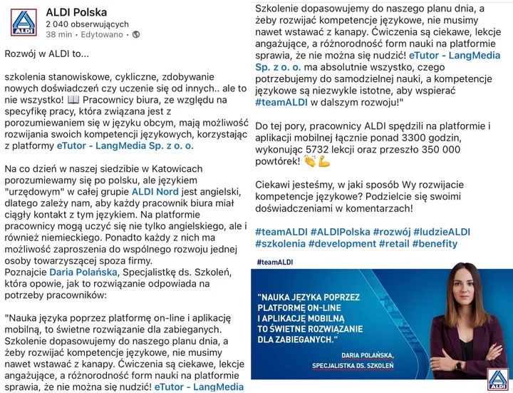 Post ALDI Polska o nauce języków z eTutor
