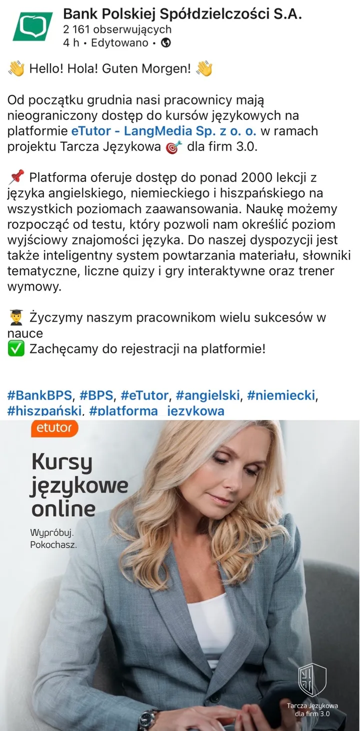 Post Bank Polskiej Spółdzielczości S.A. o nauce języków z eTutor