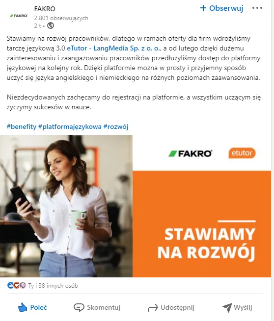 Post FAKRO o nauce języków z eTutor