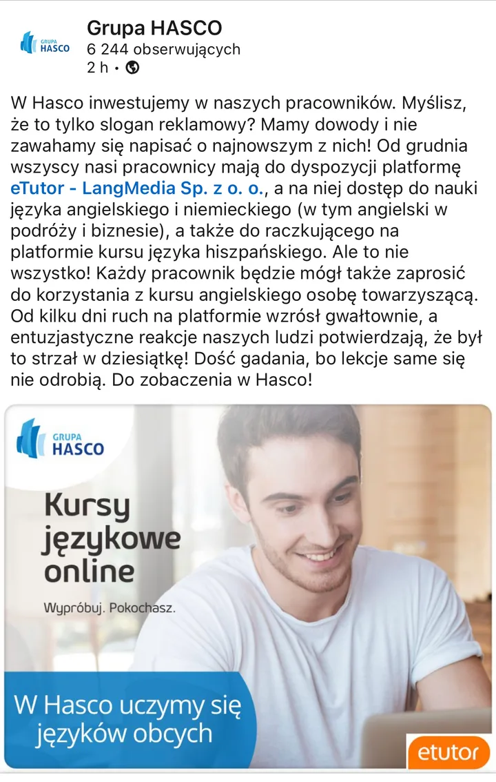 Post Grupa HASCO o nauce języków z eTutor