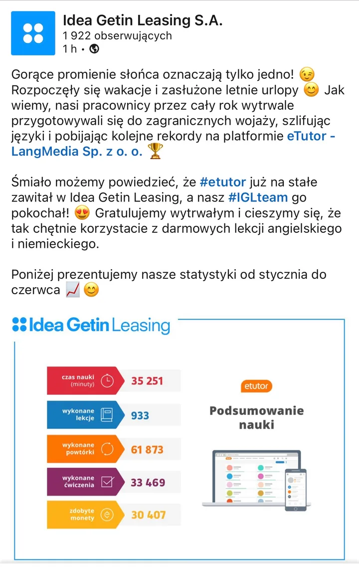 Post Idea Getin Leasing S.A. o nauce języków z eTutor