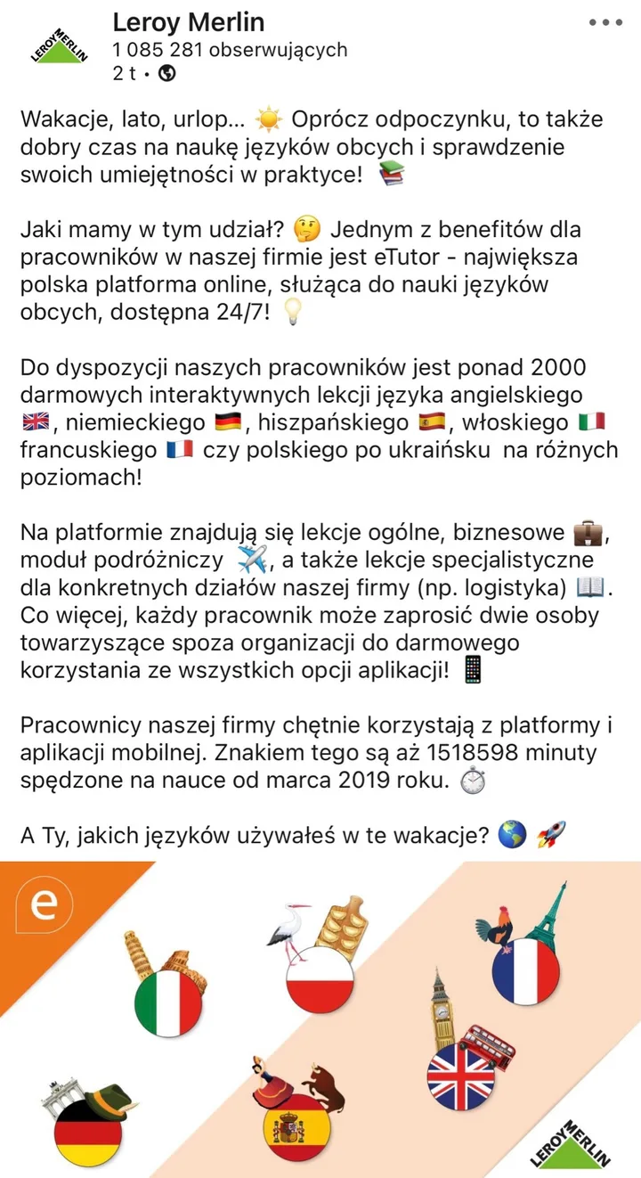 Post Leroy Merlin o nauce języków z eTutor