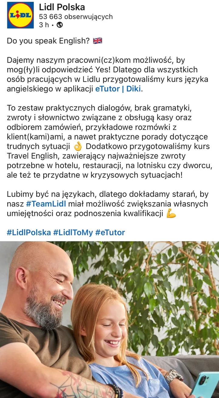 Post Lidl o nauce języków z eTutor