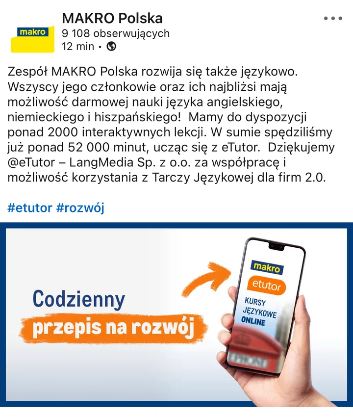 Post MAKRO Polska o nauce języków z eTutor