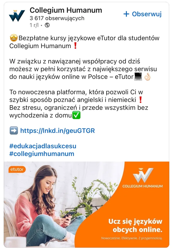 Post Collegium Humanum o nauce języków z eTutor