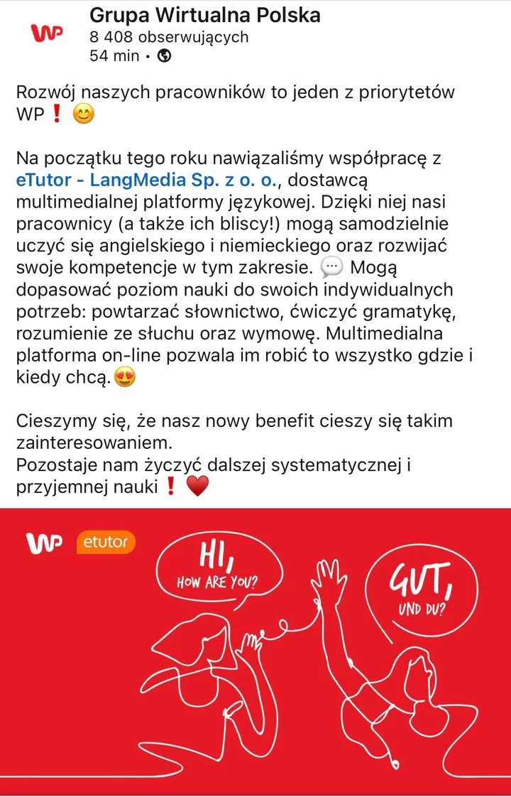 Post Grupa Wirtualna Polska o nauce języków z eTutor